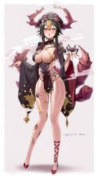 Rule 34 | 1girl, absurdres, black hair, breasts, cleavage, freng, full body, gradient hair, highres, horns, huge filesize, arthropod girl, large breasts, long hair, long sleeves, looking at viewer, multicolored hair, ofuda, open mouth, original, pelvic curtain, red eyes, revealing clothes, shoes, solo, spider girl, standing, talisman, thighs, wide sleeves