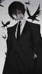 Rule 34 | 1boy, animal, bandage on face, bandage over one eye, bandages, bandaid, bandaid on cheek, bandaid on face, bird, black hair, black jacket, black necktie, black pants, black suit, blood, blood on clothes, blood on face, bungou stray dogs, closed mouth, collared shirt, crow, dazai osamu (bungou stray dogs), expressionless, formal, grey background, hair between eyes, hand in pocket, highres, jacket, long sleeves, mafia, male focus, necktie, pants, red eyes, shirt, short hair, sidelocks, simple background, solo, standing, suit, user wjpu7573, white shirt