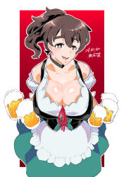 Rule 34 | 1girl, absurdres, alcohol, artist name, beer, beer mug, black choker, black ribbon, breasts, bright pupils, brown eyes, brown hair, choker, cleavage, clothing cutout, commentary request, cup, dated, dirndl, dress, german clothes, girls und panzer, green dress, hair ribbon, head tilt, highres, holding, holding cup, huge breasts, koyama yuzu, looking at viewer, medium dress, medium hair, mug, open mouth, outline, outside border, partial commentary, ponytail, puffy short sleeves, puffy sleeves, red background, ribbon, shinkuukan (tetsuo3), short sleeves, shoulder cutout, signature, smile, solo, standing, waitress, white outline, white pupils