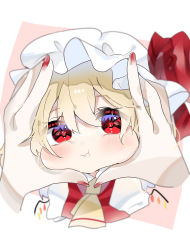 Rule 34 | 2girls, :i, ascot, blonde hair, blurry, blush, bow, cheek squash, cropped torso, crystal, depth of field, flandre scarlet, from above, hair between eyes, hat, hat bow, hat ribbon, highres, mob cap, multiple girls, nail polish, pointy ears, pov, pov hands, puffy short sleeves, puffy sleeves, ramochi, red bow, red eyes, red ribbon, red vest, ribbon, shirt, short sleeves, simple background, solo focus, touhou, upper body, vest, white background, white headwear, wings