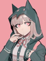 1girl bowknot_huhu brown_hair closed_mouth collared_shirt danganronpa_(series) danganronpa_2:_goodbye_despair dress_shirt galaga green_shirt highres hood hood_up hooded_jacket jacket long_sleeves medium_hair nanami_chiaki neck_ribbon pink_background pink_eyes pink_ribbon ribbon shirt simple_background sleeves_past_wrists solo spaceship_hair_ornament upper_body white_shirt