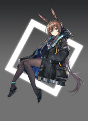Rule 34 | 1girl, absurdres, amiya (arknights), animal ears, arknights, black footwear, black jacket, black pantyhose, blue eyes, brown hair, chinese commentary, closed mouth, commentary request, expressionless, from side, full body, grey background, hair between eyes, highres, hood, hood down, invisible chair, jacket, jewelry, jia redian ruzi ruzi, long hair, long sleeves, looking at viewer, looking to the side, multiple rings, pantyhose, rabbit ears, ring, shoes, sidelocks, sitting, solo, very long hair