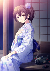 Rule 34 | 10s, 1girl, alternate costume, blush, brown eyes, brown hair, floral print, flower, from side, hair flower, hair ornament, hand on lap, hand on own chest, japanese clothes, kaga (kancolle), kantai collection, kimono, looking at viewer, obi, print kimono, sash, shian (my lonly life.), short hair, side ponytail, sitting, smile, solo, wide sleeves