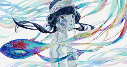 Rule 34 | 1girl, abstract, black hair, commentary request, facepaint, fish, floating hair, headband, multicolored eyes, open mouth, original, print shirt, shirt, solo, upper body, white shirt, yuusei tsukiro