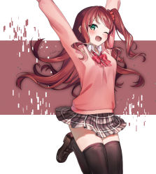 Rule 34 | 1girl, akabane youko, arms up, black thighhighs, blush, breasts, fang, green eyes, long hair, looking at viewer, medium breasts, nijisanji, one eye closed, open mouth, red hair, sacanahen, school uniform, side ponytail, simple background, thighhighs, virtual youtuber