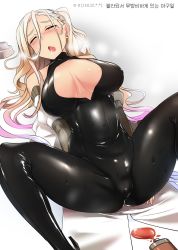 Rule 34 | 1girl, a-91 (girls frontine), black bodysuit, blonde hair, bodysuit, breasts, character request, cleavage cutout, clothing cutout, drunk, flask, girls&#039; frontline, gradient hair, highres, large breasts, long hair, mole, mole under eye, multicolored hair, purple hair, saliva, shiny clothes, sleeping, solo, sweatdrop, yellowseeds