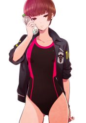Rule 34 | 10s, 1girl, collared jacket, competition swimsuit, female focus, gluteal fold, highres, jacket, kuso bba, one-piece swimsuit, psycho-pass, simple background, solo, standing, swimsuit, swimsuit under clothes, tsunemori akane, white background