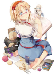 Rule 34 | 1girl, alice margatroid, barefoot, bespectacled, blonde hair, blue eyes, book, boots, box, capelet, doll, dress, evers, feet, female focus, from behind, full body, glasses, hairband, lipstick, looking back, makeup, nail polish, open book, open mouth, over-rim eyewear, paper, pink-framed eyewear, plantar flexion, sash, scissors, semi-rimless eyewear, sewing machine, short hair, simple background, sitting, soles, solo, thread, toes, touhou, unworn boots, wariza, white background, yarn, yarn ball