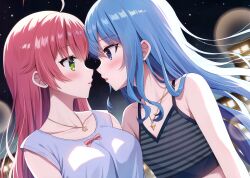 Rule 34 | 2girls, absurdres, bare shoulders, blue eyes, blue hair, blush, green eyes, highres, hololive, hoshimachi suisei, imminent kiss, jewelry, looking at another, mauve, multiple girls, necklace, night, night sky, outdoors, parted lips, pink hair, profile, sakura miko, scan, shirt, sky, sleeveless, sleeveless shirt, star (sky), star (symbol), star in eye, starry sky, striped clothes, striped shirt, symbol in eye, upper body, virtual youtuber, white shirt, yuri