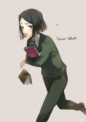 Rule 34 | 1boy, black hair, blush, book, hugging book, brown eyes, falling, fate/stay night, fate/zero, fate (series), green shirt, highres, holding, holding book, hugging object, kippu, male focus, necktie, open mouth, pants, parted bangs, running, shirt, short hair, simple background, solo, striped clothes, striped pants, sweater, teeth, waver velvet