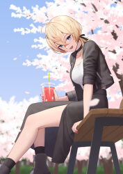 Rule 34 | 1girl, ahoge, bench, blonde hair, blue eyes, breasts, cup, disposable cup, hair between eyes, hair ornament, hairclip, highres, kantai collection, large breasts, looking at viewer, medium hair, porupurucha, sitting, smile, solo, tuscaloosa (kancolle)