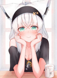 Rule 34 | 1girl, absurdres, ahoge, akaboshi natsume, animal ear fluff, animal ears, black shirt, blush, braid, breasts, cleavage, commentary request, cup, curtains, earrings, fox ears, fox girl, green eyes, hair between eyes, head rest, highres, hololive, indoors, jewelry, long hair, looking at viewer, medium breasts, shirakami fubuki, shirakami fubuki (loungewear), shirt, sidelocks, single braid, smile, solo, table, virtual youtuber, white hair
