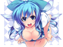 Rule 34 | aged up, alternate breast size, alternate hairstyle, angry, aqua eyes, bent over, blue hair, blue panties, bow, breasts, checkered, cirno, cleavage, curvy, down blouse, dragonmaterial, frown, hair bow, highres, large breasts, leaning forward, long hair, open clothes, open mouth, open shirt, panties, panty pull, simple background, solo, standing, striped clothes, striped panties, teeth, thigh gap, touhou, underwear, undressing, wallpaper, wide hips, wings