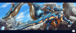 Rule 34 | 1boy, armor, blue sky, breastplate, capcom, cloud, cloudy sky, day, dragon, fighting stance, from side, full armor, full body, gauntlets, greatsword, helmet, hiding, holding, holding sword, holding weapon, huge weapon, lagiacrus, lagiacrus (armor), letterboxed, monster hunter, monster hunter (series), monster hunter 3, orushibu, outdoors, pauldrons, scales, shoulder armor, size difference, sky, spikes, standing, stone, sword, weapon, wet, wyvern