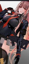 Rule 34 | 1girl, belt pouch, black choker, black gloves, black jacket, black shirt, black thighhighs, blush, choker, collared shirt, cropped jacket, dutch angle, frown, gloves, goddess of victory: nikke, gun, gun on back, highres, jacket, kyel hyde, light brown hair, lips, long hair, looking ahead, necktie, orange eyes, pouch, rapi (nikke), red jacket, red necktie, shirt, sidelocks, solo, thighhighs, two-sided fabric, two-sided jacket, unfinished, weapon, weapon on back