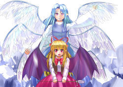 Rule 34 | 2girls, :d, angel, arm up, artist request, bad id, bad pixiv id, bat wings, blonde hair, blue hair, blush, bow, culter, elis (touhou), fang, female focus, grin, highly responsive to prayers, highres, lips, long hair, multiple girls, multiple wings, open mouth, pink eyes, pointy ears, purple eyes, sariel (touhou), skirt, smile, staff, touhou, touhou (pc-98), turtleneck, very long hair, vest, weapon, wings