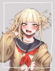 1girl alternate_hairstyle artist_name black_sailor_collar blonde_hair blunt_bangs blush boku_no_hero_academia brown_jacket collarbone commentary fang gonzaresu_tanaka grey_background hair_bun hand_up highres jacket long_sleeves messy_hair neckerchief open_clothes open_jacket orange_eyes red_neckerchief sailor_collar simple_background single_hair_bun slit_pupils solo teeth toga_himiko tongue