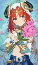 Rule 34 | 1girl, absurdres, bare shoulders, blue nails, brooch, circlet, closed mouth, crop top, detached sleeves, flower, forehead jewel, genshin impact, gold trim, green eyes, highres, holding, holding flower, horns, jewelry, long hair, long sleeves, looking at viewer, lying, nail polish, neck ring, nilou (genshin impact), on back, pellas (panix2383), petals, pink flower, puffy long sleeves, puffy sleeves, red hair, shallow water, smile, solo, stomach, vambraces, veil, vision (genshin impact), water, wet