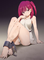 Rule 34 | 1girl, barefoot, dirty, dirty feet, feet, legs, magi the labyrinth of magic, mattaku mousuke, morgiana, red eyes, red hair, short hair, side ponytail, sitting, solo, spread toes, sweat, toes