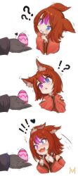Rule 34 | !, !!, !?, 1girl, 1other, :d, ?, ??, animal ear fluff, animal ears, blue eyes, blush, brown hair, confused, drooling, easter egg, egg, excited, fangs, fork, fox ears, fox girl, gloves, grey gloves, head tilt, heart, heterochromia, highres, hungry, japanese clothes, kimono, knife, long sleeves, miserel, multicolored hair, open mouth, original, out of frame, purple eyes, purple hair, saliva, short hair, skin fangs, smile, streaked hair, sweat, two-tone hair, wide sleeves