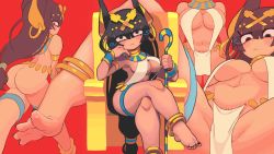 Rule 34 | 1girl, :&lt;, animal ears, anklet, anubis (mythology), ass, barefoot, black hair, black nails, blunt bangs, blush stickers, breasts, cane, commentary, crossed legs, dark-skinned female, dark skin, egyptian, egyptian clothes, expressionless, feet, gashi-gashi, hair ornament, head rest, highres, jackal ears, jackal girl, jewelry, large breasts, long hair, multiple views, nail polish, navel, original, pelvic curtain, red background, revealing clothes, sanpaku, simple background, sitting, soles, spread legs, toenail polish, toenails, toes, usekh collar, very long hair