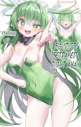 Rule 34 | 1girl, :d, absurdres, arms up, black souls, breasts, bright pupils, cleavage, collar, commentary, english commentary, english text, fang, green eyes, green hair, green leotard, hand on own hip, heart, highres, leaf (black souls), leotard, long hair, looking at viewer, metal collar, multiple views, open mouth, pointing, pointing at viewer, simple background, small breasts, smile, star-shaped pupils, star (symbol), strapless, strapless leotard, symbol-shaped pupils, wellski, white background, white pupils