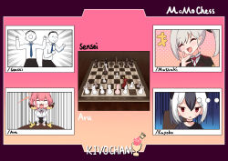 Rule 34 | +++, 1boy, 3girls, aru (blue archive), bishop (chess), black hair, black horns, black shirt, black skirt, blue archive, blush, board game, breasts, brown horns, chess, chess piece, chessboard, cirilla lin, closed eyes, collared shirt, demon horns, doodle sensei (blue archive), grey hair, highres, horns, kayoko (blue archive), king (chess), knight (chess), large breasts, long hair, long sleeves, multicolored hair, multiple girls, multiple views, mutsuki (blue archive), neck ribbon, open mouth, pawn (chess), peroro (blue archive), pink hair, pointy ears, puffy long sleeves, puffy sleeves, queen (chess), red eyes, red ribbon, ribbon, rook (chess), sensei (blue archive), shirt, side ponytail, skirt, smile, white shirt