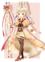 Rule 34 | 1girl, :d, animal ears, arare mochiko, bad id, bad nicoseiga id, capelet, commentary, dress, fang, fox ears, fox girl, fox tail, frilled capelet, frilled thighhighs, frills, full body, layered skirt, light brown hair, miniskirt, open mouth, orange eyes, original, pink background, red footwear, shirt, shoes, simple background, skirt, smile, staff, tail, thighhighs, two-tone background, white background, wrist cuffs, zettai ryouiki