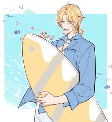 Rule 34 | 1boy, :d, ahoge, blonde hair, blue shirt, border, collared shirt, coto notte, cowboy shot, curtained hair, holding, holding removed eyewear, holding surfboard, jewelry, lars rorschach, long sleeves, looking at viewer, lovebrush chronicles, low ponytail, male focus, medium hair, necklace, ocean, open clothes, open mouth, open shirt, outside border, pants, parted bangs, shell, shell necklace, shirt, smile, solo, standing, sunglasses, surfboard, unworn eyewear, white border, white pants