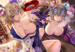 Rule 34 | 2girls, alcohol, bad id, bad twitter id, bare shoulders, blonde hair, blue eyes, blurry, blurry background, blush, braid, breasts, cleavage, collarbone, cup, drunk, eyeliner, fate/grand order, fate (series), flower, hair flower, hair ornament, headpiece, highres, holding, holding cup, holding smoking pipe, huge breasts, japanese clothes, jeanne d&#039;arc (fate), jeanne d&#039;arc (ruler) (fate), jeanne d&#039;arc alter (avenger) (fate), jeanne d&#039;arc alter (fate), kimono, large breasts, long hair, looking at viewer, lying, makeup, multiple girls, nail polish, off shoulder, on stomach, open mouth, purple kimono, purple nails, satou daiji, sidelocks, silver hair, sleeves past fingers, sleeves past wrists, smile, smoking, smoking pipe, tareme, tsurime, very long hair, white kimono, wide sleeves, yellow eyes