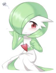 Rule 34 | 1girl, blush, bob cut, closed mouth, colored skin, creatures (company), embarrassed, female focus, flat chest, flying sweatdrops, game freak, gardevoir, gen 3 pokemon, green hair, green skin, hair over one eye, hands up, looking at viewer, lotosu, multicolored skin, nintendo, pokemon, pokemon (creature), red eyes, sad, short hair, simple background, sitting, solo, squiggle, tears, two-tone skin, wavy mouth, white background, white skin