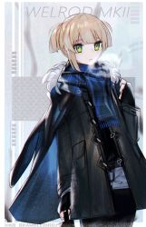 Rule 34 | 1girl, alternate costume, blonde hair, breath, character name, coat, commentary request, cowboy shot, fingerless gloves, fur-trimmed coat, fur trim, girls&#039; frontline, gloves, green eyes, highres, kky, looking at viewer, parted lips, scarf, short twintails, solo, twintails, twitter username, welrod mkii (girls&#039; frontline)