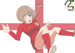 Rule 34 | 1girl, 2014 fifa world cup, alternate costume, ball, blue eyes, brown hair, england, lynette bishop, nike (company), panties, soccer, soccer ball, soccer uniform, solo, sportswear, strike witches, striped legwear, underwear, white panties, world cup, world witches series