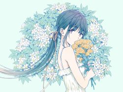 Rule 34 | 1girl, bare arms, bare shoulders, black hair, breasts, brown eyes, brown ribbon, commentary request, dress, flower, green background, hair ribbon, hiten (hitenkei), holding, holding flower, long hair, looking at viewer, looking to the side, low ponytail, original, ponytail, ribbon, sidelocks, sleeveless, sleeveless dress, small breasts, solo, very long hair, white dress, white flower, yellow flower