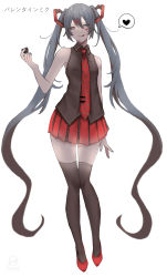 Rule 34 | 1girl, absurdres, black shirt, black thighhighs, blue nails, candy, character name, chocolate, chocolate heart, collared shirt, facial mark, floating hair, food, full body, green eyes, grey hair, hair ornament, hatsune miku, heart, heart print, high heels, highres, holding, katoumio, long hair, looking at viewer, miniskirt, nail polish, necktie, pleated skirt, print necktie, print neckwear, pumps, red footwear, red necktie, red skirt, shirt, skirt, sleeveless, sleeveless shirt, solo, speech bubble, standing, thighhighs, tongue, tongue out, twintails, very long hair, vocaloid, wing collar, x hair ornament, zettai ryouiki