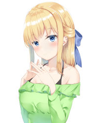 Rule 34 | 1girl, blonde hair, blue bow, blue eyes, blush, bow, breasts, collarbone, green shirt, hair bow, hands up, highres, kanata (kanade pa), long hair, long sleeves, looking at viewer, medium breasts, original, shirt, sidelocks, simple background, solo, steepled fingers, upper body, white background