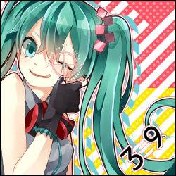 Rule 34 | 1girl, 39, :q, ;q, bad id, bad pixiv id, crosshair, em (bycle), fingerless gloves, gloves, green eyes, green hair, hatsune miku, long hair, matching hair/eyes, nail polish, one eye closed, sleeveless, solo, tongue, tongue out, twintails, vocaloid, wink