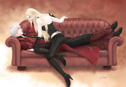 Rule 34 | 1boy, 1girl, bare shoulders, blonde hair, boots, capcom, coat, corset, couple, dante (devil may cry), devil may cry (series), high heels, himmelisch garten, leather, leather pants, long hair, lying, pants, shoes, short hair, silver hair, sitting, trench coat, trish (devil may cry)