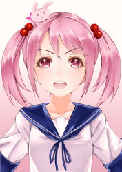 Rule 34 | 1girl, blush, collarbone, essa sazhka, gradient background, hair bobbles, hair ornament, highres, kantai collection, looking at viewer, open mouth, pink eyes, pink hair, ringed eyes, sazanami (kancolle), school uniform, serafuku, short hair, simple background, solo, twintails