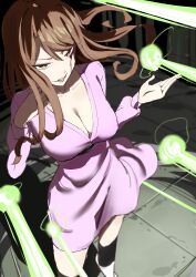 Rule 34 | 1girl, absurdres, adjusting hair, blood, blood on face, breasts, brown eyes, brown hair, cleavage, dress, energy ball, energy beam, evil smile, hands up, highres, indoors, injury, large breasts, long hair, long sleeves, manno (kanpi2100), mugino shizuri, open mouth, pink dress, smile, solo, toaru kagaku no railgun, toaru kagaku no railgun s, toaru majutsu no index