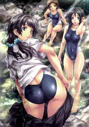 Rule 34 | 3girls, ass, bare legs, bare shoulders, barefoot, black eyes, black hair, braid, breasts, brown eyes, brown hair, buruma, collarbone, competition swimsuit, grin, tucking hair, highres, large breasts, lips, long hair, looking at viewer, looking back, multiple girls, nagayori, nature, one-piece swimsuit, open mouth, original, pleated skirt, rock, school swimsuit, school uniform, scrunchie, serafuku, shiny clothes, short hair, sitting, skin tight, skirt, smile, soaking feet, sparkle, standing, swimsuit, swimsuit under clothes, tareme, teeth, twin braids, twintails, undressing, unzipped, wading, water, wet