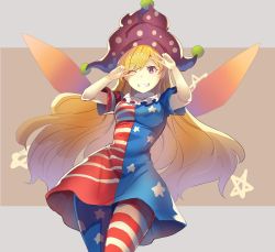 Rule 34 | 1girl, american flag dress, american flag legwear, blonde hair, blue dress, blue pantyhose, breasts, brown background, clownpiece, commentary request, cowboy shot, double v, dress, fairy wings, falken (yutozin), grey background, grin, hat, jester cap, long hair, looking at viewer, medium breasts, neck ruff, one-hour drawing challenge, one eye closed, pantyhose, polka dot, polka dot headwear, purple eyes, purple hat, red dress, red pantyhose, short dress, short sleeves, smile, solo, star (symbol), star print, striped clothes, striped dress, striped pantyhose, swept bangs, thighs, touhou, two-tone background, v, very long hair, white dress, white pantyhose, wings