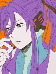 Rule 34 | 1boy, creamyya, green eyes, high ponytail, kamui gakupo, long hair, male focus, open mouth, orange background, purple hair, simple background, solo, upper body, vocaloid