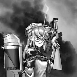 Rule 34 | 1girl, absurdres, ahoge, breasts, closed mouth, commentary, english commentary, glasses, greyscale, gun, hat, headgear, heywood l. edwards (kancolle), highres, holding, holding gun, holding weapon, kantai collection, long hair, looking at viewer, medium breasts, monochrome, neckerchief, rigging, ron (pixiv83091338), round eyewear, sailor collar, smoke, turret, upper body, wavy mouth, weapon