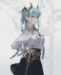 Rule 34 | 1girl, aqua hair, ascot, belt, black skirt, blue eyes, blush, bracelet, braid, breasts, brown belt, character request, closed mouth, copyright request, dragon horns, earrings, hands on own hips, highres, hirooka masaki, horns, jewelry, long hair, long sleeves, looking at viewer, pointy ears, quad braids, sheath, sheathed, shirt, sidelocks, skirt, solo, sword, upper body, weapon, white ascot, white shirt