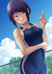 Rule 34 | 1girl, absurdres, audio jack, bare arms, bare shoulders, black hair, blunt bangs, boku no hero academia, breasts, cloud, collarbone, commentary request, covered navel, cowboy shot, day, fence, hand up, highres, jirou kyouka, kobaji, looking at viewer, one-piece swimsuit, outdoors, short hair, sidelocks, sky, solo, swimsuit, tree