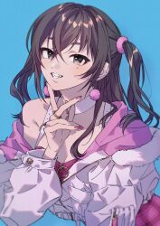 Rule 34 | 1girl, black hair, blue background, blurry, bow, breasts, brown eyes, choker, cleavage, collarbone, dress, earrings, fur-trimmed jacket, fur trim, grin, hair between eyes, hair bow, hand up, highres, idolmaster, idolmaster cinderella girls, idolmaster cinderella girls starlight stage, jacket, jewelry, long hair, long sleeves, looking at viewer, medium breasts, min (812nn im), mole, mole under eye, off shoulder, partially unzipped, pink bow, pink dress, plaid, plaid dress, red nails, ring, sharp teeth, simple background, single bare shoulder, smile, solo, sunazuka akira, teeth, twintails, upper body, w, white choker, white jacket, zipper, zipper pull tab