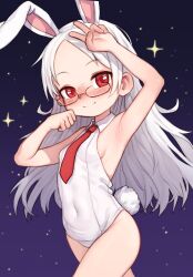 Rule 34 | 1girl, animal ears, arm up, armpits, blush, breasts, clenched hand, covered navel, forehead, glasses, hand on own head, highres, long hair, necktie, night, night sky, old school swimsuit, one-piece swimsuit, original, outdoors, rabbit ears, rabbit girl, rabbit tail, red eyes, red necktie, school swimsuit, sky, small breasts, smile, solo, star (sky), swimsuit, syrupmelty, tail, thighs, v, white hair, white one-piece swimsuit