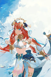 Rule 34 | 1girl, absurdres, blue sky, blush, breasts, brooch, circlet, closed mouth, clothing cutout, cloud, cowboy shot, crop top, floating hair, forehead jewel, genshin impact, gold trim, hand up, highres, horns, jewelry, long hair, long sleeves, looking afar, low twintails, navel, nayuko (wuyou nayuko), neck ring, nilou (genshin impact), parted bangs, pelvic curtain, puffy long sleeves, puffy sleeves, red hair, shrug (clothing), skirt, sky, small breasts, smile, stomach, thighlet, thighs, twintails, vambraces, veil, vision (genshin impact), water