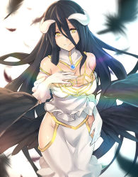Rule 34 | 1girl, albedo (overlord), backlighting, bare shoulders, bird wings, black hair, black wings, breasts, cleavage, demon girl, demon horns, dress, elbow gloves, feathers, female focus, gloves, hand on own chest, hip vent, horns, large breasts, long hair, low wings, makita (twosidegekilove), overlord (maruyama), slit pupils, smile, solo, very long hair, white dress, white gloves, wings, yellow eyes